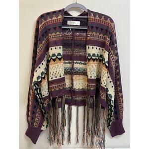 Knit Mix Boho Fringe Oversized Cardigan Sweater L